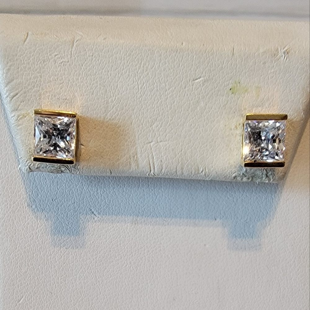 MEDA 925 Sterling Silver Gold Tone Clear Stone Rectangle Stud Earrings